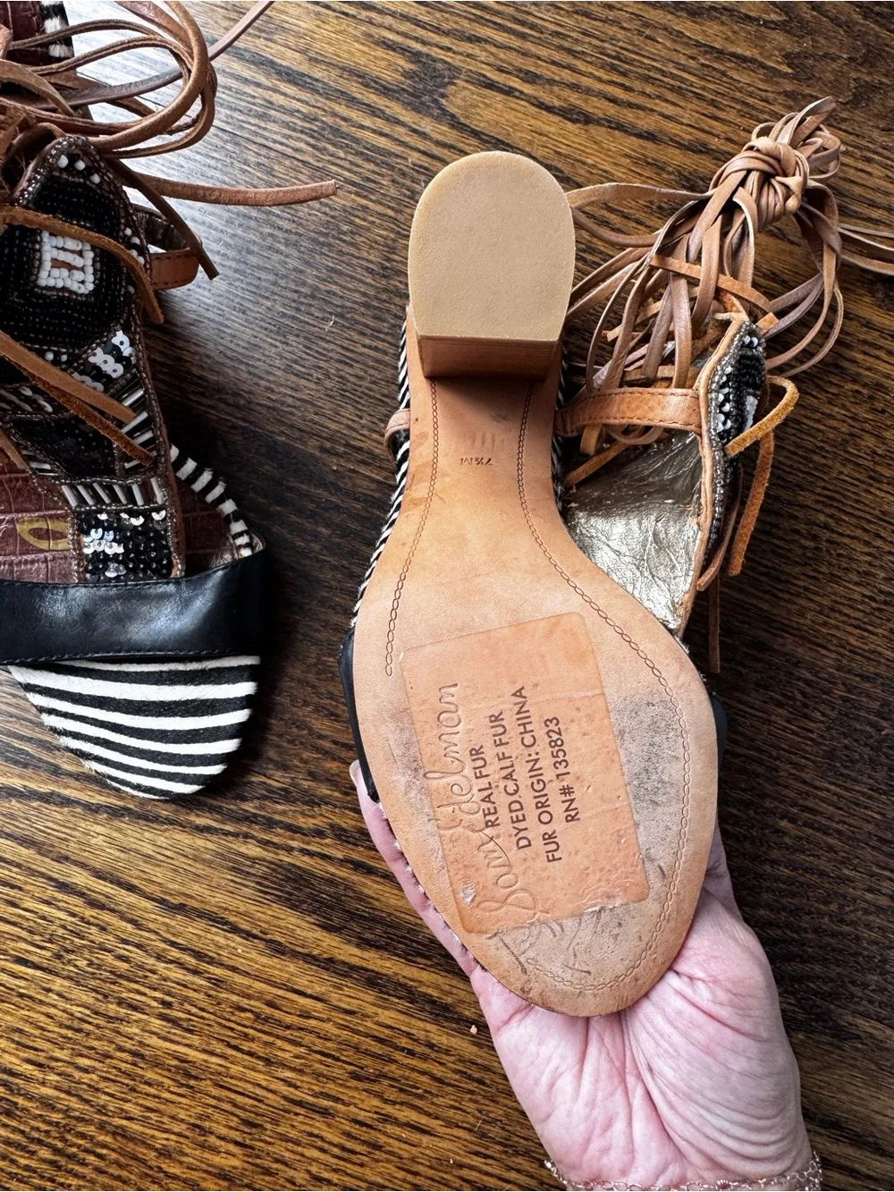Sam Edelman Beaded Lace-Up Block Heel Sandal - Black, Tan, Zebra